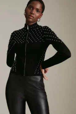 New 🎁 Karen Millen Stud Zip Through Pointelle Cardigan 👏
