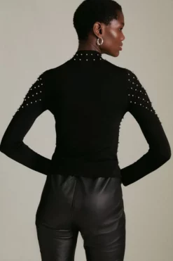 New 🎁 Karen Millen Stud Zip Through Pointelle Cardigan 👏 -Workwear Shop akk00594 black xl 2