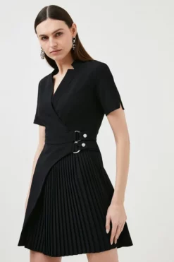 Coupon 🤩 Karen Millen Military Pleat Notch Neck Wrap Mini 👗 Dress 🎉