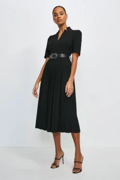 Outlet 😉 Karen Millen Structured Crepe Forever Pleat Belted Midi 👗 Dress 💯 -Workwear Shop akk00744 black xl 2