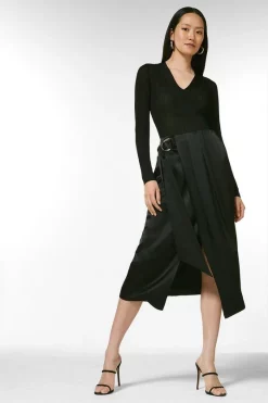 New 🧨 Karen Millen Viscose Satin Crepe Wrap Midi 👗 Skirt ⭐