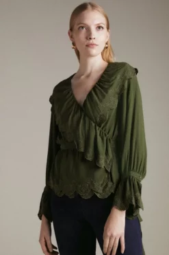 Top 10 👏 Karen Millen Viscose Modal Ruffle Woven Wrap Top 🔔