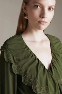 Top 10 👏 Karen Millen Viscose Modal Ruffle Woven Wrap Top 🔔 -Workwear Shop akk03606 khaki xl 1