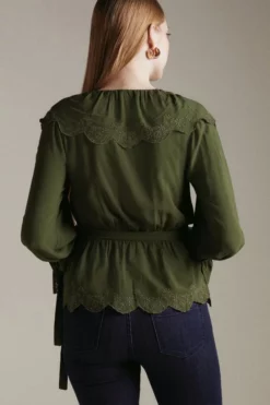 Top 10 👏 Karen Millen Viscose Modal Ruffle Woven Wrap Top 🔔 -Workwear Shop akk03606 khaki xl 2