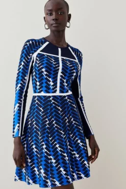 New ⭐ Karen Millen Geo Jacquard Knit Skater Mini 👗 Dress ✔️