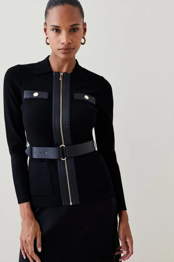 Top 10 🤩 Karen Millen Pu Trim Belted Knit Jacket 🎉 2 Top 10 🤩 Karen Millen Pu Trim Belted Knit Jacket 🎉 - Image 2