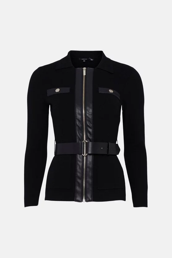 Top 10 🤩 Karen Millen Pu Trim Belted Knit Jacket 🎉 4 Top 10 🤩 Karen Millen Pu Trim Belted Knit Jacket 🎉 - Image 4