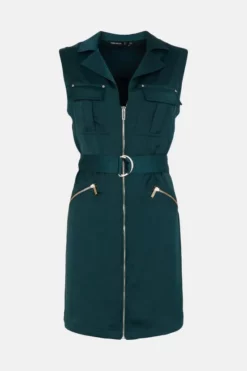 Deals 👍 Karen Millen Satin Tailored Utility Sleeveless Mini 👗 Dress 🛒 -Workwear Shop akk03931 forest xl 3