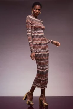 Coupon 🌟 Karen Millen Patterned Sparkle Knit Roll Neck Jacquard Midi 👗 Dress ⌛