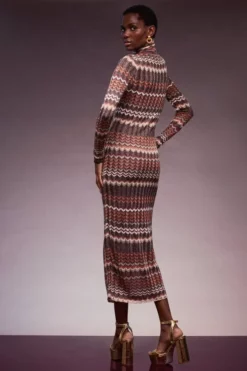 Coupon 🌟 Karen Millen Patterned Sparkle Knit Roll Neck Jacquard Midi 👗 Dress ⌛ -Workwear Shop akk04263 burgundy xl 2