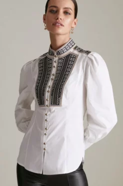 Hot Sale 🎁 Karen Millen Petite Poplin Tape Embroidery Woven 👕 Shirt 😀