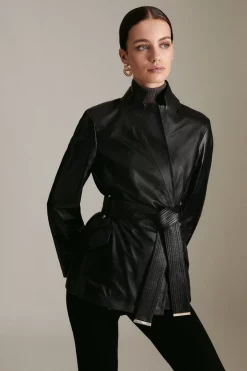 Promo 💯 Karen Millen Petite Leather Investment Notch Short 🧥 Coat ✔️