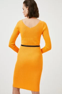 Deals 🎉 Karen Millen Pettie Rib Knit Scallop Neck Belted 👗 Dress 😀 -Workwear Shop akk07520 orange xl 2