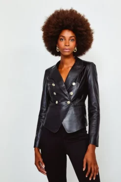 Top 10 ⭐ Karen Millen Leather Gold Button Blazer 💯