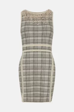 Budget ⭐ Karen Millen Textured Check Knit Pearl Detail Pencil Mini 👗 Dress 👍 -Workwear Shop bkk00444 mono xl 3