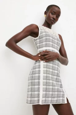 Budget ⭐ Karen Millen Textured Check Knit Pearl Detail Pencil Mini 👗 Dress 👍 -Workwear Shop bkk00444 mono xl 4