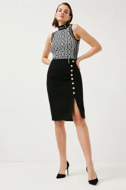 Brand new 🔔 Karen Millen Compact Stretch Viscose Button Pencil 👗 Skirt 👍