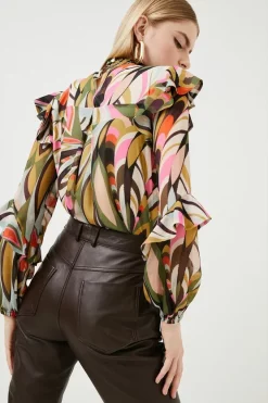 Best Pirce 🌟 Karen Millen Kaleidoscope Print Shirred Woven Blouse 🧨 -Workwear Shop bkk01407 coral xl 2