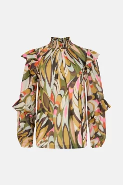 Best Pirce 🌟 Karen Millen Kaleidoscope Print Shirred Woven Blouse 🧨 -Workwear Shop bkk01407 coral xl 3