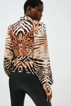 Best deal 🔥 Karen Millen Mirrored Tiger Viscose Satin Woven Tie Blouse 🔥 -Workwear Shop bkk02163 animal xl 2