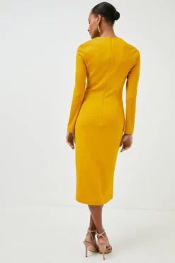 Coupon 🤩 Karen Millen Italian Structured Jersey Tuck Pencil Midi 👗 Dress ⌛ -Workwear Shop bkk02932 mustard xl 2