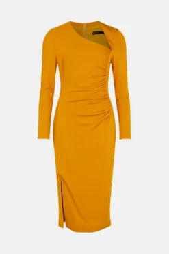 Coupon 🤩 Karen Millen Italian Structured Jersey Tuck Pencil Midi 👗 Dress ⌛ -Workwear Shop bkk02932 mustard xl 3