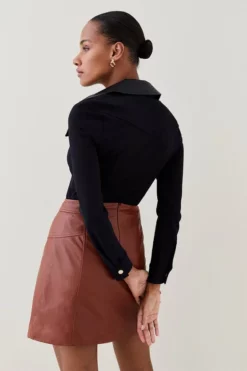 Best Sale 🌟 Karen Millen V Neck Pu Collared Top 😍 -Workwear Shop bkk02952 black xl 2