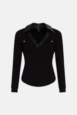 Best Sale 🌟 Karen Millen V Neck Pu Collared Top 😍 -Workwear Shop bkk02952 black xl 3