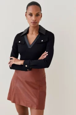 Best Sale 🌟 Karen Millen V Neck Pu Collared Top 😍 -Workwear Shop bkk02952 black xl 4