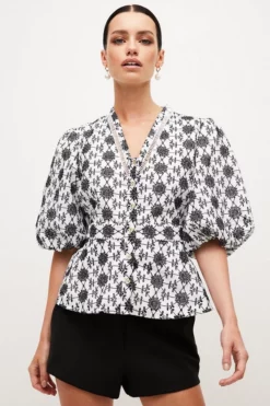 Deals 🛒 Karen Millen Petite Contrast Cotton Broderie Woven Blouse ⌛ -Workwear Shop bkk03850 mono xl 4