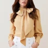 Deals 😍 Karen Millen Petite Silk Viscose Satin Pussy Bow 👕 Shirt ⌛