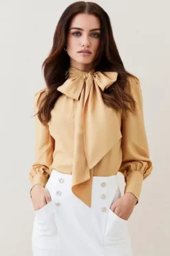 Deals 😍 Karen Millen Petite Silk Viscose Satin Pussy Bow 👕 Shirt ⌛