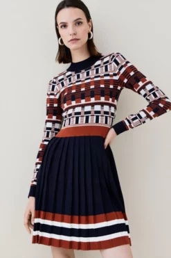 Best Pirce 👍 Karen Millen Broken Striped Jacquard Knit Skater Mini 👗 Dress 🤩