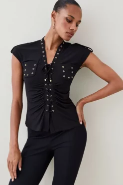 Promo 😉 Karen Millen Lace Up Eyelet Jersey Top 🧨 -Workwear Shop bkk04938 black xl 2