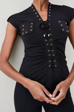 Promo 😉 Karen Millen Lace Up Eyelet Jersey Top 🧨 -Workwear Shop bkk04938 black xl 4