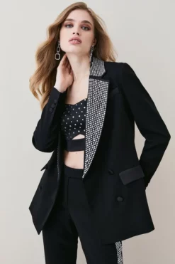 Cheapest ❤️ Karen Millen Satin Diamante Lapel Double Breasted Blazer 😍