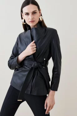 Best Sale 🔥 Karen Millen Petite Leather Investment Neck Short 🧥 Coat 🔔
