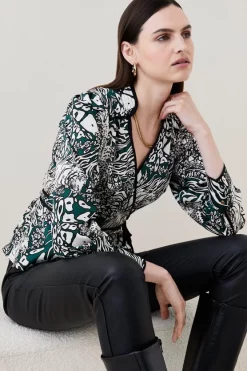 Deals 🎉 Karen Millen Animal Satin Twill Woven Wrap Blouse ⭐