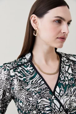 Deals 🎉 Karen Millen Animal Satin Twill Woven Wrap Blouse ⭐ -Workwear Shop bkk05707 green xl 4