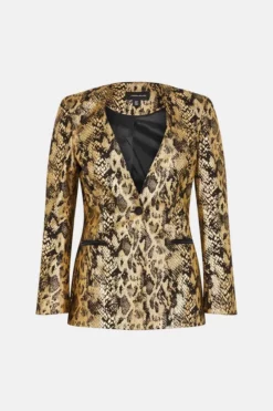 Brand new 🔔 Karen Millen Metallic Snake Print Collarless Tailored Single Breasted Jacket ⌛ -Workwear Shop bkk05715 gold xl 3