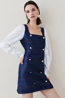 Hot Sale 💯 Karen Millen Check Cotton Sleeve Double Breasted Mini 👗 Dress 🛒