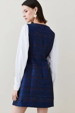 Hot Sale 💯 Karen Millen Check Cotton Sleeve Double Breasted Mini 👗 Dress 🛒 -Workwear Shop bkk05802 blue xl 2