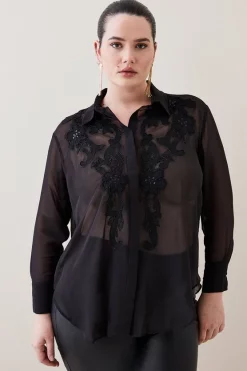 Discount ✨ Karen Millen Plus Size Cutwork And Beading Georgette Blouse ⌛