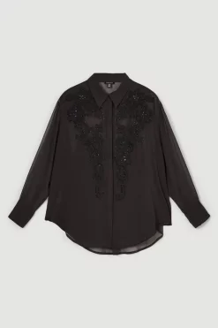 Discount ✨ Karen Millen Plus Size Cutwork And Beading Georgette Blouse ⌛ -Workwear Shop bkk05824 black xl 3