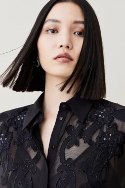 Best Sale 🥰 Karen Millen Cutwork And Beading Georgette Blouse 💯 -Workwear Shop bkk05825 black xl 2