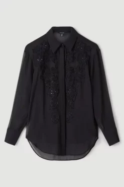 Best Sale 🥰 Karen Millen Cutwork And Beading Georgette Blouse 💯 -Workwear Shop bkk05825 black xl 3
