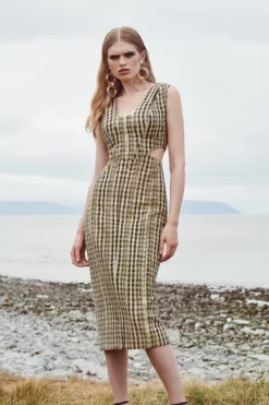 Outlet 🧨 Karen Millen Italian Texture & Sequin Tweed Column Midaxi 👗 Dress 🤩