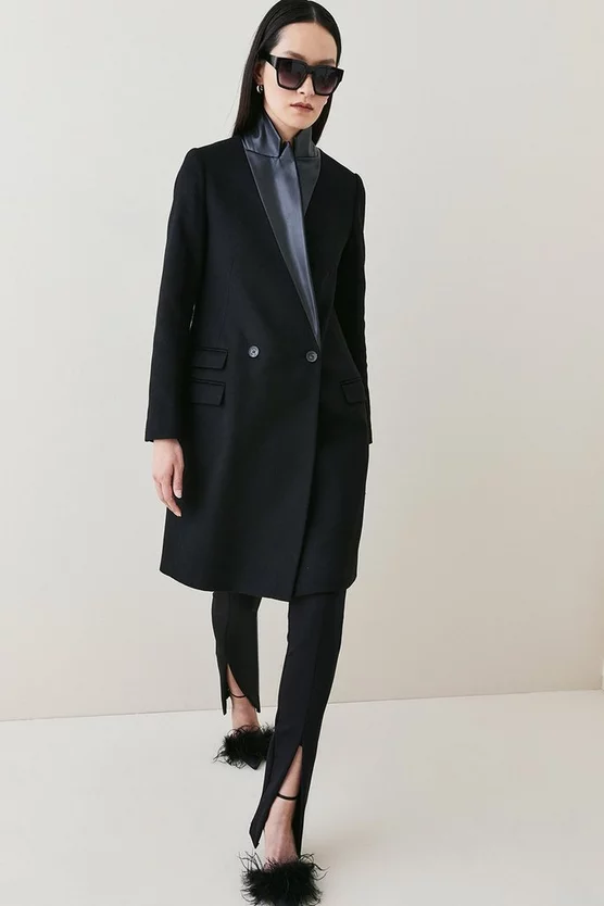 Cheapest 🔥 Karen Millen Italian Virgin Wool Faux Leather Contrast Double Breasted 🧥 Coat 🎉 2 Cheapest 🔥 Karen Millen Italian Virgin Wool Faux Leather Contrast Double Breasted 🧥 Coat 🎉 - Image 2