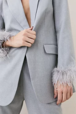 Best Sale ⭐ Karen Millen Tall Feather Cuff Detail Single Breasted Blazer ❤️ -Workwear Shop bkk07120 grey xl 2