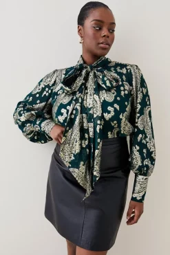 Wholesale 👏 Karen Millen Plus Size Paisley Metallic Tie Neck Blouse 🤩